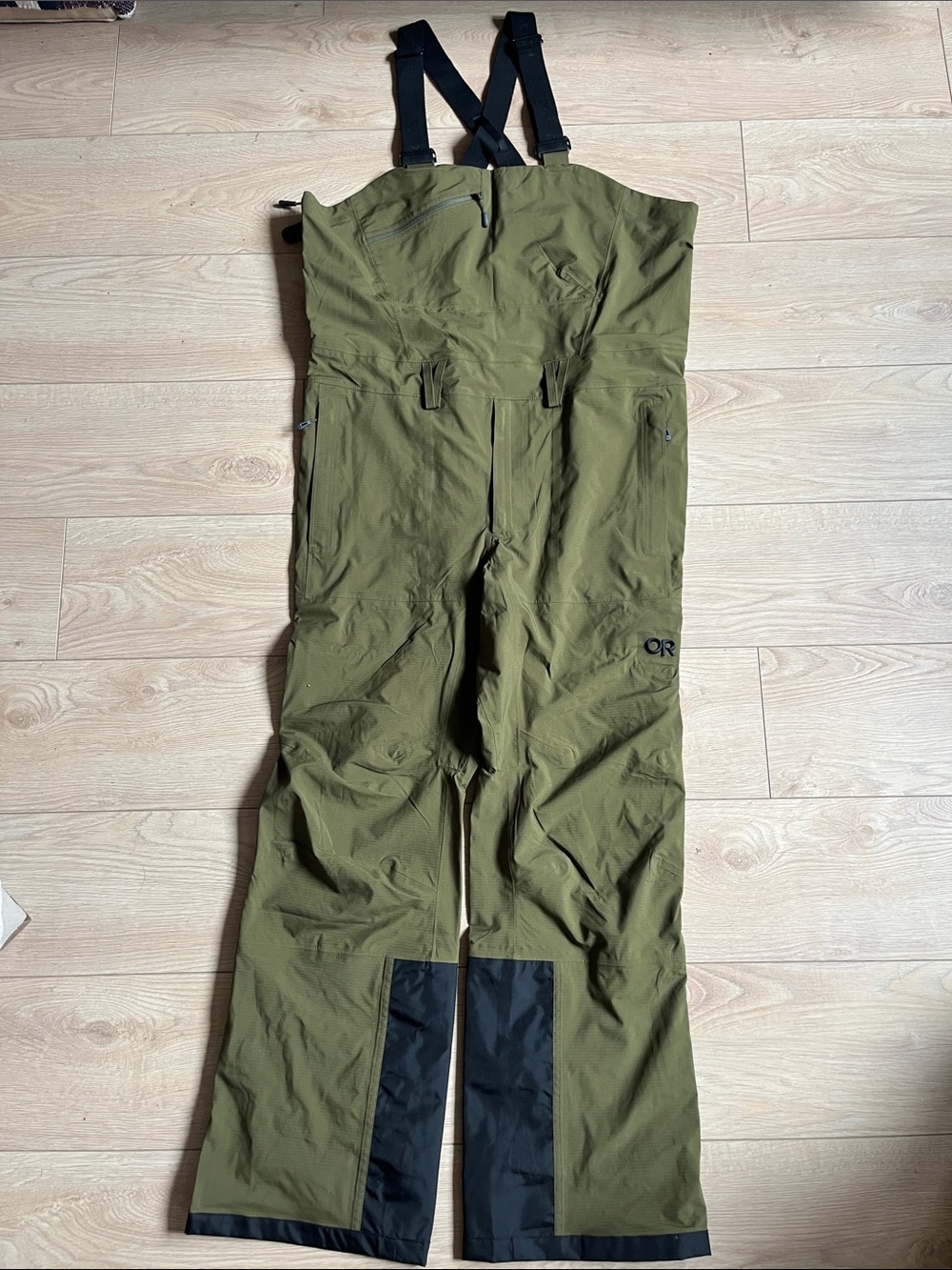 Outdoor Research Carbide Olive Green Cargo Bib Pants with Black Reinforced Cuffs